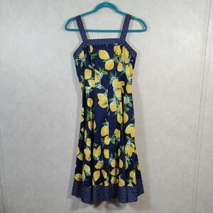 10564 Acevog navy cotton lemon print fit & flare dress S NEW